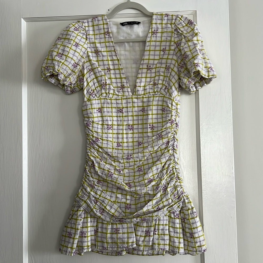 Zara lilac and green/white check dress with w embroidery